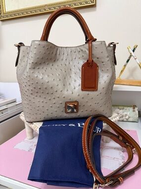 Dooney & Bourke Oyster color Ostrich-Texture Leather Satchel with Brown Trim